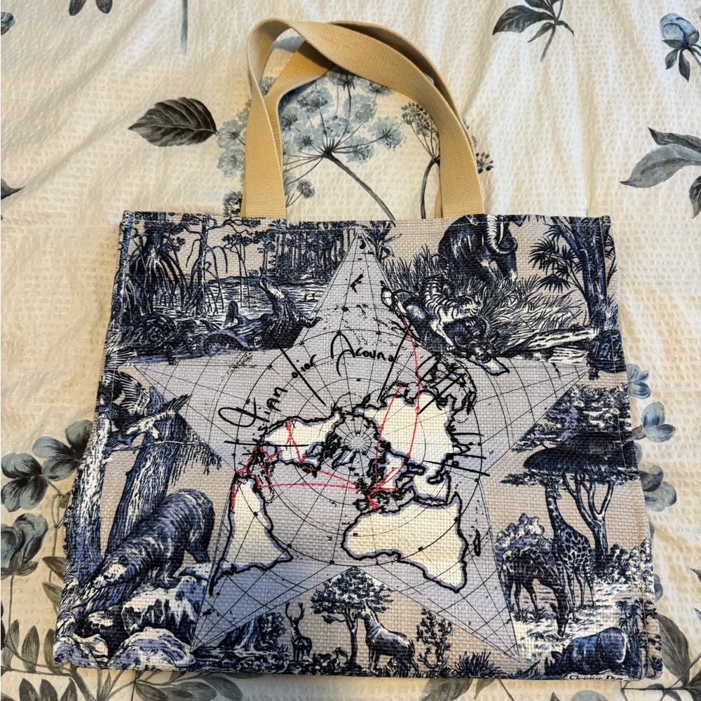 Dior Blue and Tan World Map Tote